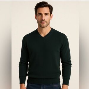 PIOMBO Men's Extra Fine Merino Wool V Neck Sweater Italian Dark Green - Size S